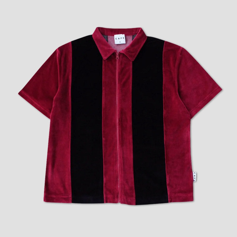 Skateboard Cafe Stripe Full Zip Velour Stripe Shirt Burgundy / Black Small