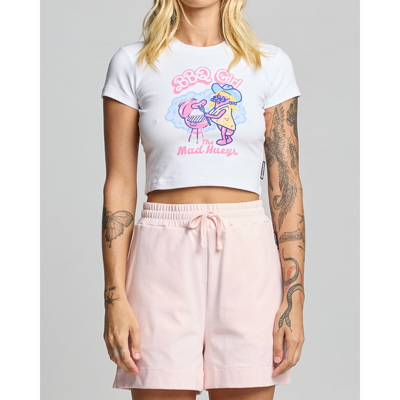 The Mad Hueys BBQ GIRL | WOMENS BABY TEE WHITE XS