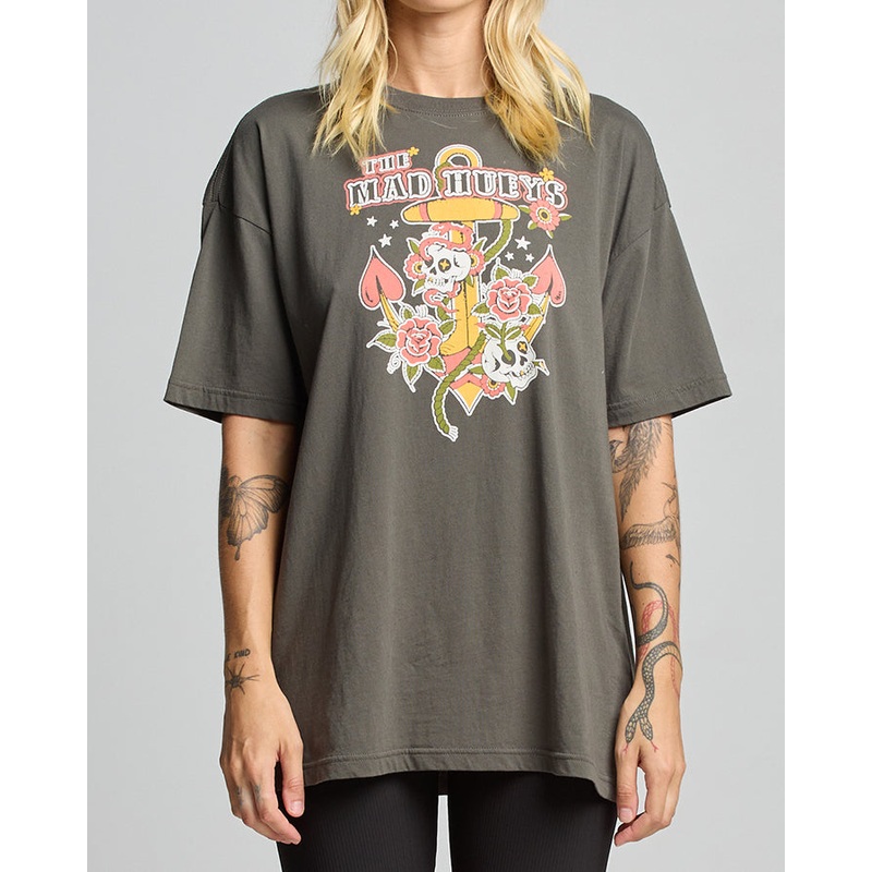The Mad Hueys SKULL TATTOO | WOMENS OVERSIZED SS TEE CHARCOAL XS