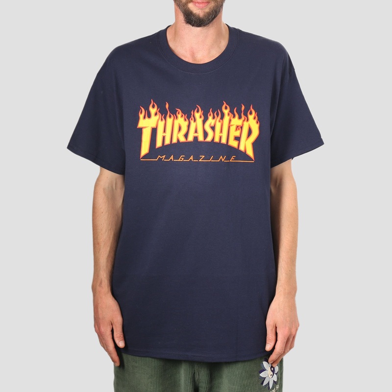 Thrasher Flame Logo T-Shirt Navy Small