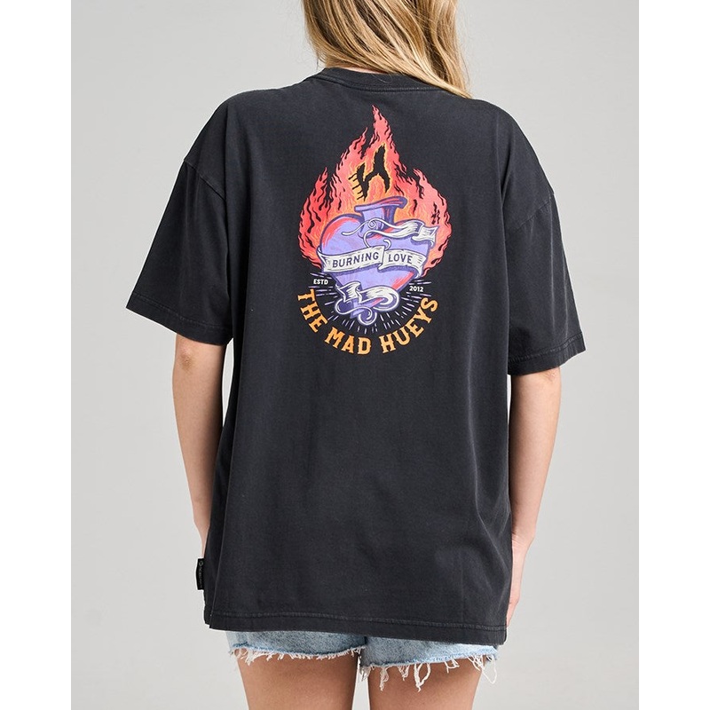 The Mad Hueys BURNING LOVE | WOMENS OVERSIZED SS TEE WASHED BLACK XS
