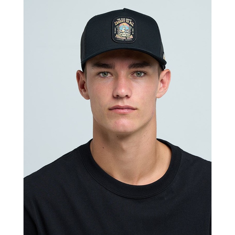 The Mad Hueys CAUGHT FK ALL SKULL | TWILL TRUCKER BLACK OSFM