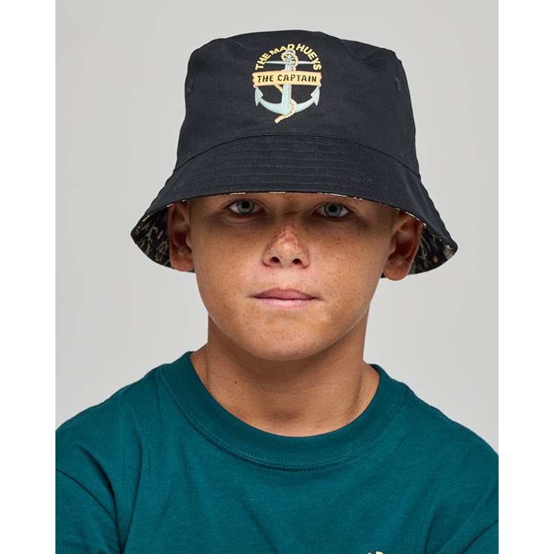 The Mad Hueys CROC CAPTAIN | YOUTH REVERSIBLE BUCKET HAT VINTAGE BLACK OSFM