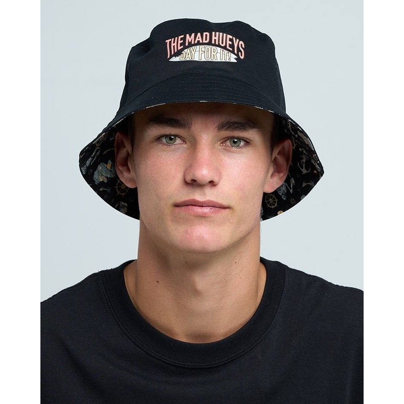 The Mad Hueys DAY FOR IT FROGGIES | REVERSIBLE BUCKET HAT VINTAGE BLACK OSFM