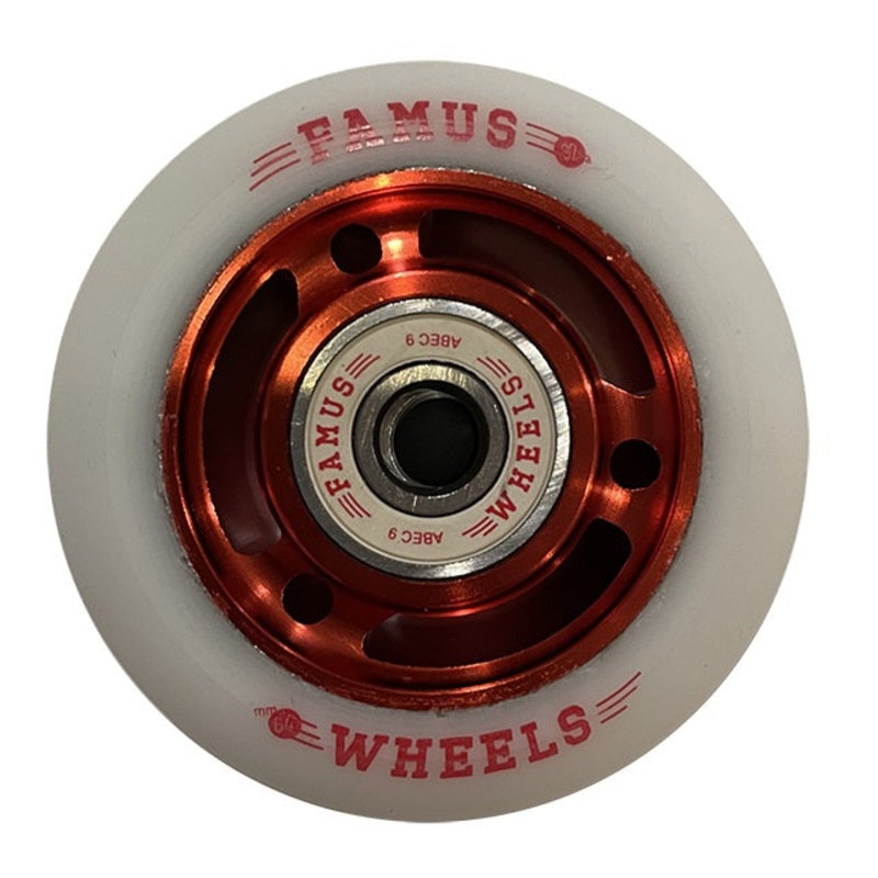 Famus Metal Core White/Red Wheels with Bearings 64mm 92a – Set of Four