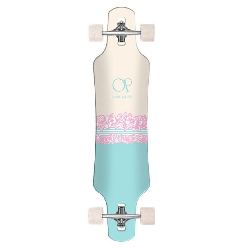 Ocean Pacific Island Drop Through Off White and Teal Longboard – 39″