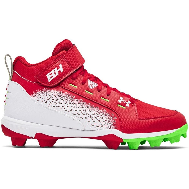 UA Harper 6 Mid RM Baseball Cleats 6.5 Red/Hyper Green/White