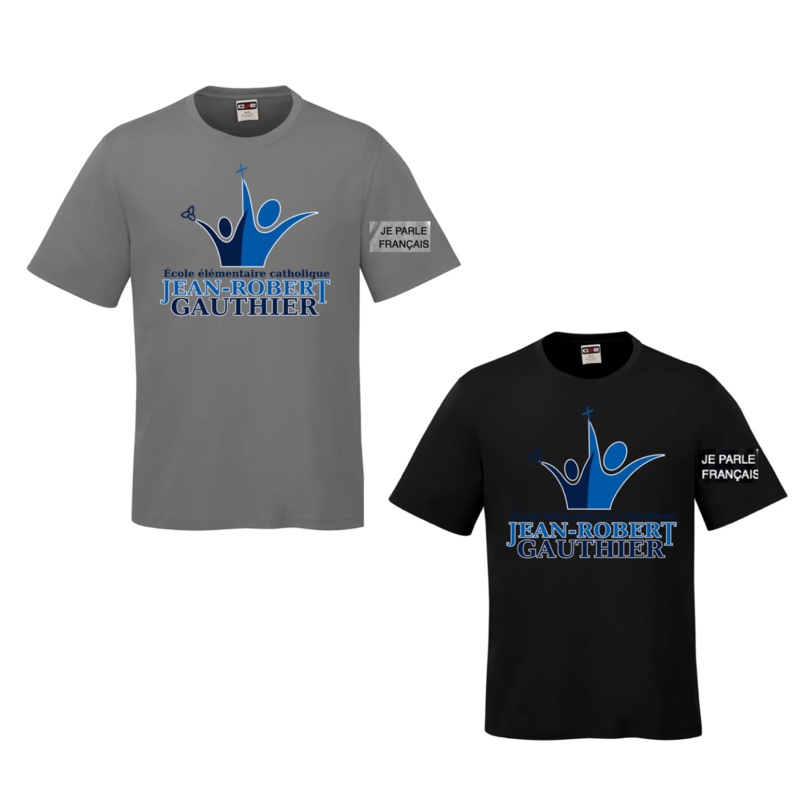 JEAN-ROBERT GAUTHIER COAST DRYFIT SHORT SLEEVE ADULT OR YOUTH WITH FULL FRONT PRESS AND “JE PARLE FRANAIS” ON SLEEVE Black YXS