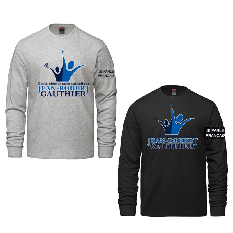 JEAN-ROBERT GAUTHIER COTTON LONG SLEEVE TSHIRT YOUTH OR ADULT WITH FULL FRONT HEAT PRESS AND “JE PARLE FRANAIS” ON SLEEVE Black YS