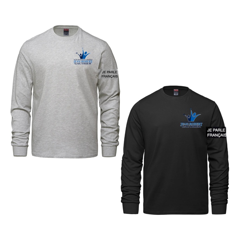 JEAN-ROBERT GAUTHIER COTTON LONG SLEEVE TSHIRT YOUTH OR ADULT WITH LEFT CHEST HEAT PRESS AND “JE PARLE FRANAIS” ON SLEEVE Black YS