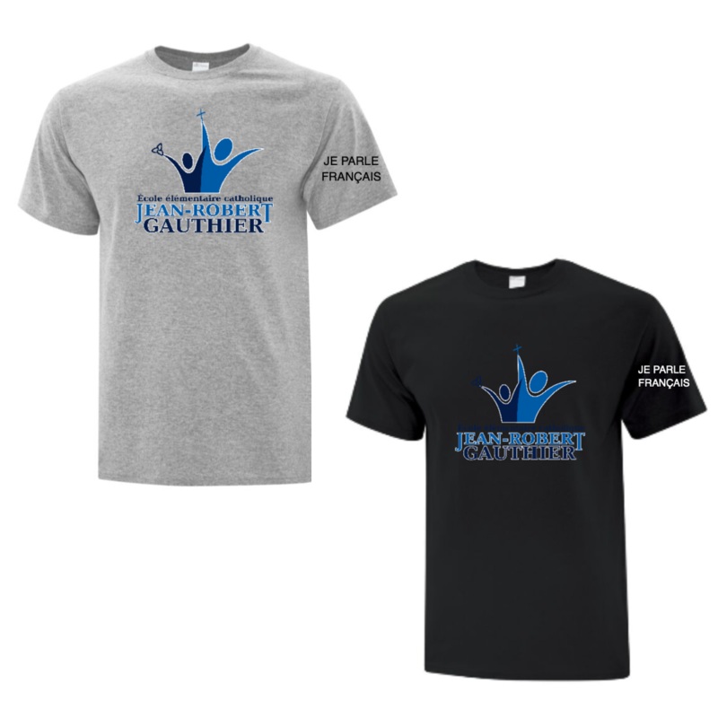 JEAN-ROBERT GAUTHIER COTTON TSHIRT ADULT OR YOUTH WITH FULL FRONT HEAT PRESS AND “JE PARLE FRANAIS” ON SLEEVE Black YS