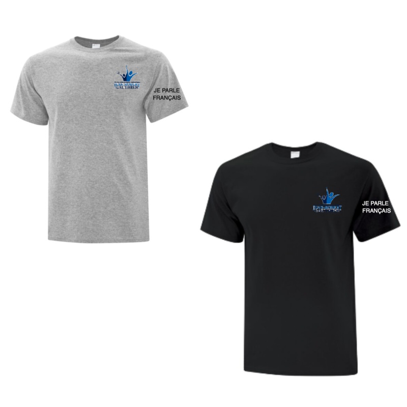 JEAN-ROBERT GAUTHIER COTTON TSHIRT ADULT OR YOUTH WITH LEFT CHEST HEAT PRESS AND “JE PARLE FRANAIS” ON SLEEVE Black YS