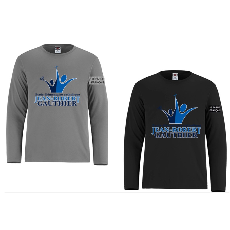 JEAN-ROBERT GAUTHIER DRYFIT LONG SLEEVE TSHIRT ADULT OR YOUTH WITH FULL FRONT HEAT PRESS AND “JE PARLE FRANAIS” ON SLEEVE Black YS