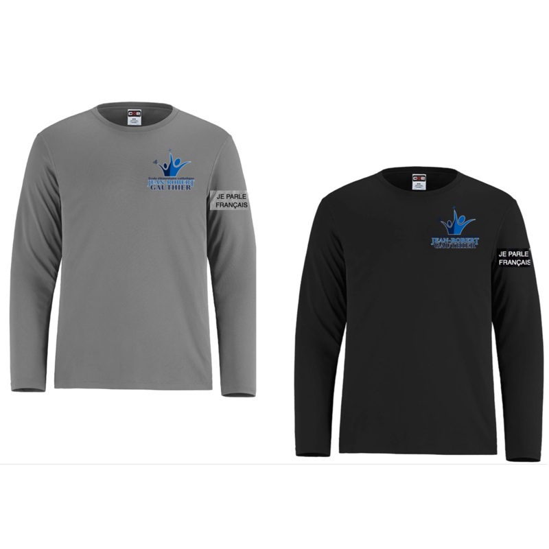 JEAN-ROBERT GAUTHIER DRYFIT LONG SLEEVE TSHIRT ADULT OR YOUTH WITH LEFT CHEST HEAT PRESS AND “JE PARLE FRANAIS” ON SLEEVE Black YS