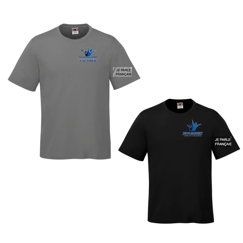 JEAN-ROBERT GAUTHIER DRYFIT SHORT SLEEVE ADULT OR YOUTH WITH LEFT CHEST HEAT PRESS AND “JE PARLE FRANAIS” ON SLEEVE Black AXS