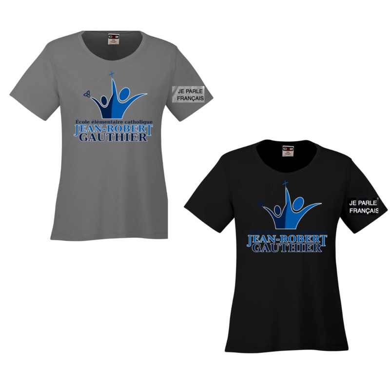 JEAN-ROBERT GAUTHIER LADIES COAST DRYFIT SHORT SLEEVE SHIRT WITH FULL FRONT PRESS AND “JE PARLE FRANAIS” ON SLEEVE Black WXS