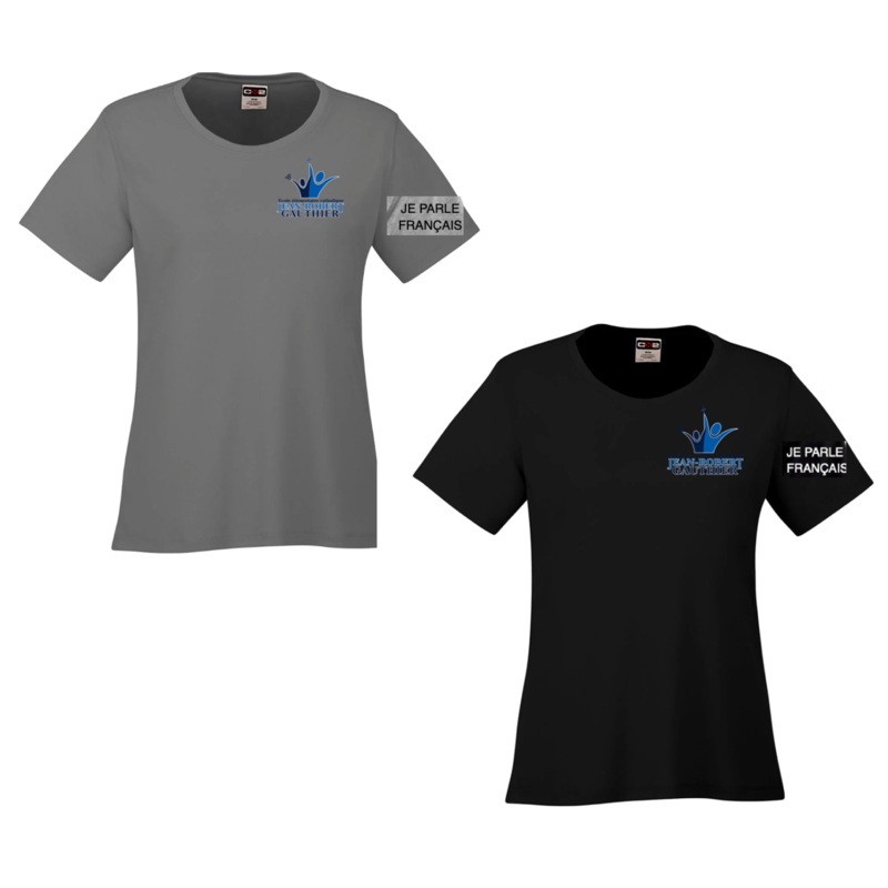 JEAN-ROBERT GAUTHIER LADIES DRYFIT SHIRT WITH LEFT CHEST HEAT PRESS AND “JE PARLE FRANAIS” ON SLEEVE Black WXS