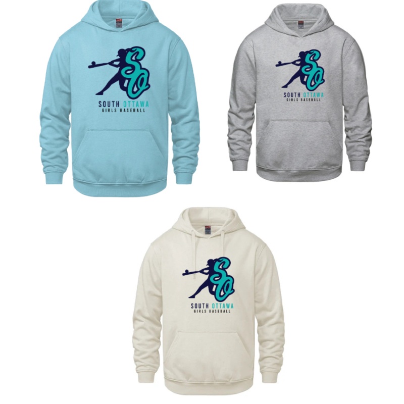 OTTAWA SOUTH BLUES CX2 VAULT HOODIE GREY/IVORY/LIGHT BLUE WITH SO GIRLS BASEBALL FULL FRONT HEAT PRESSED LOGO Blue YS