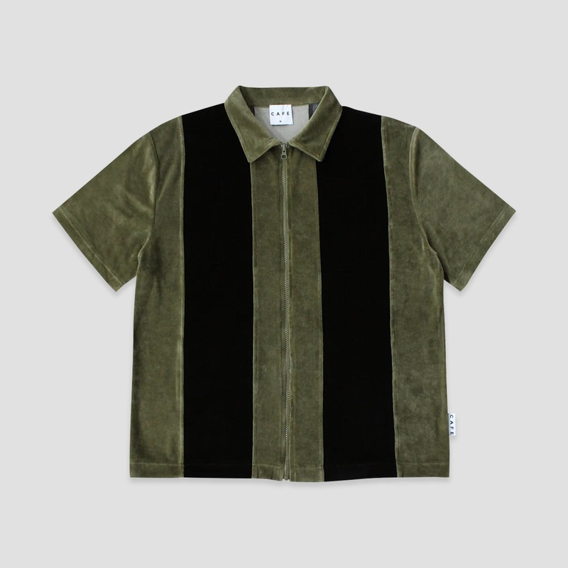 Skateboard Cafe Stripe Full Zip Velour Stripe Shirt Olive / Black Small