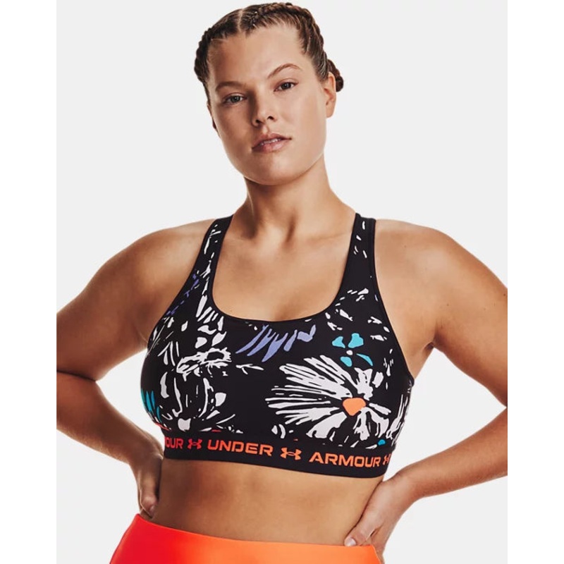 Women’s Crossback Mid Printed Sports Bra BLACK/ORANGE BLAST XS