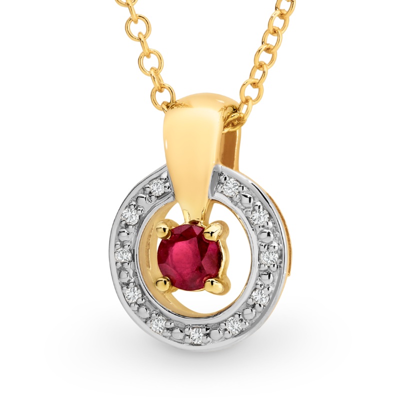 Ruby & Diamond Claw-Bead Set Pendant in 9ct Yellow Gold