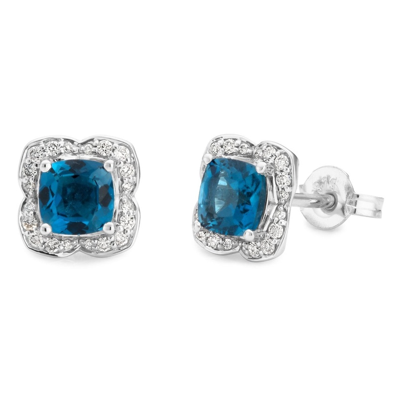 London Blue Topaz & Diamond Claw-Bead Set Stud Earrings in 9ct White Gold
