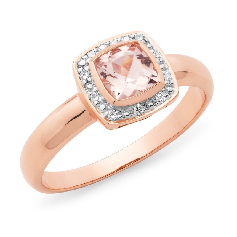 Cushion Cut Morganite and Diamond Halo Ring 9ct Rose Gold