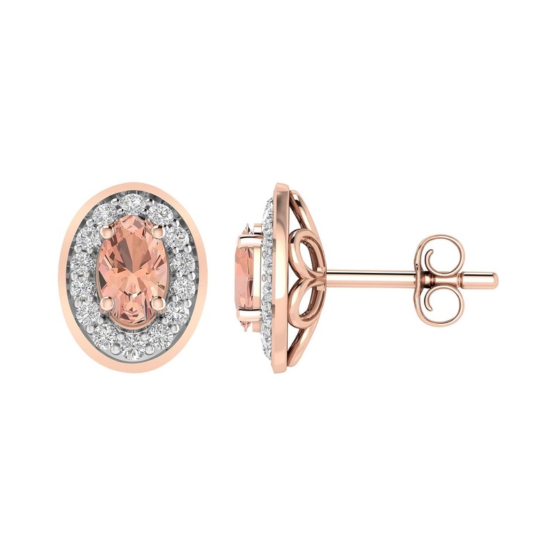 Morganite Stud Earrings With 0.15Ct Diamonds In 9ct Rose Gold