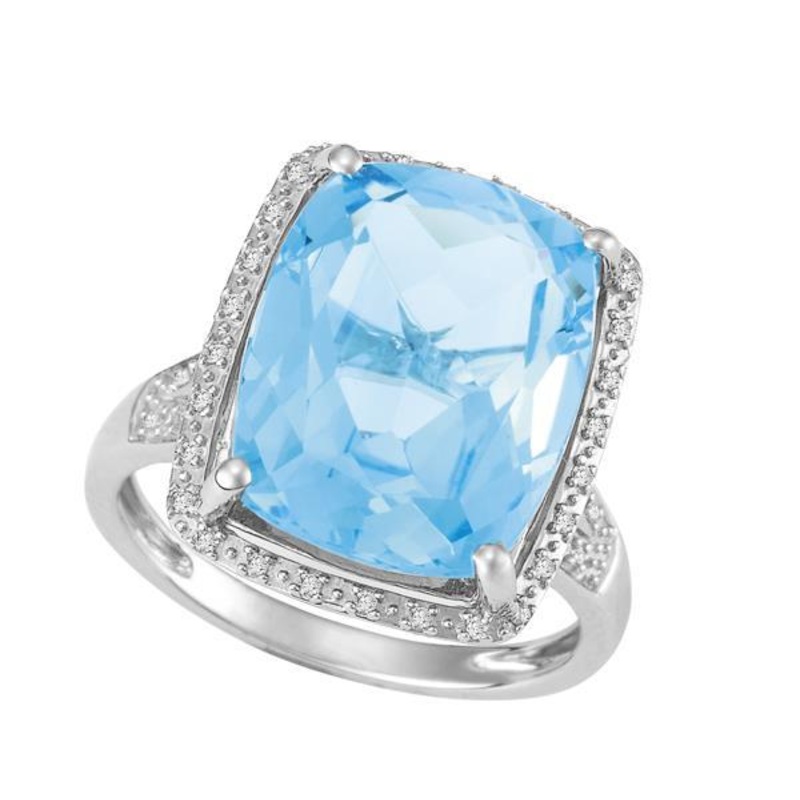 9ct White Gold Cushion Blue Topaz and Round Brilliant-cut Diamond Ring
