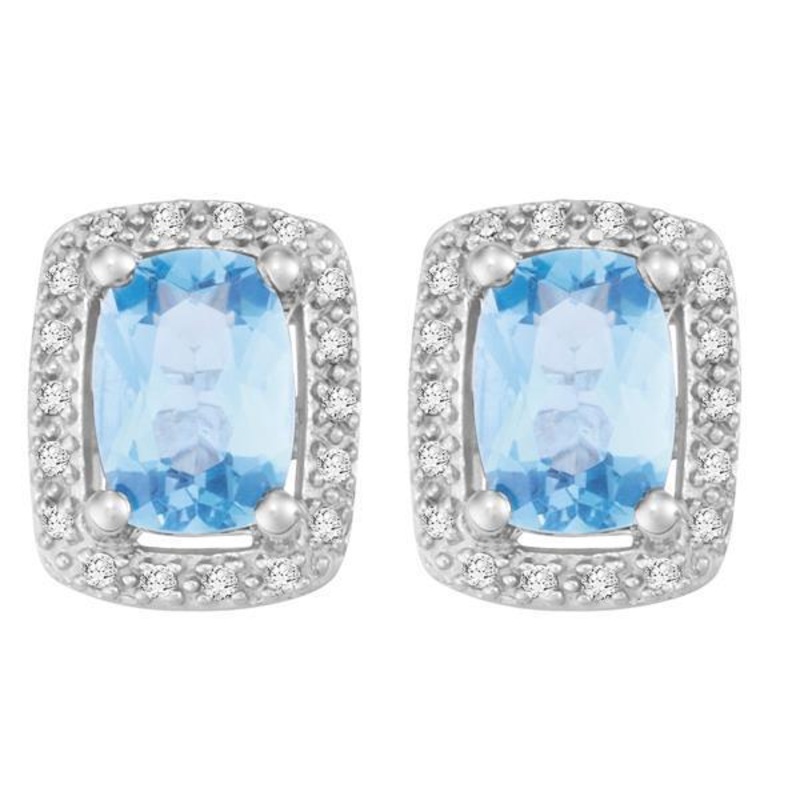 9ct White Gold Cushion Blue Topaz and  Round Brilliant-cut Diamond Earrings