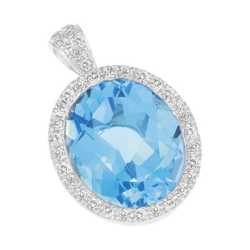 9ct White Gold Oval Blue Topaz and  Round Brilliant-cut Diamond Pendant