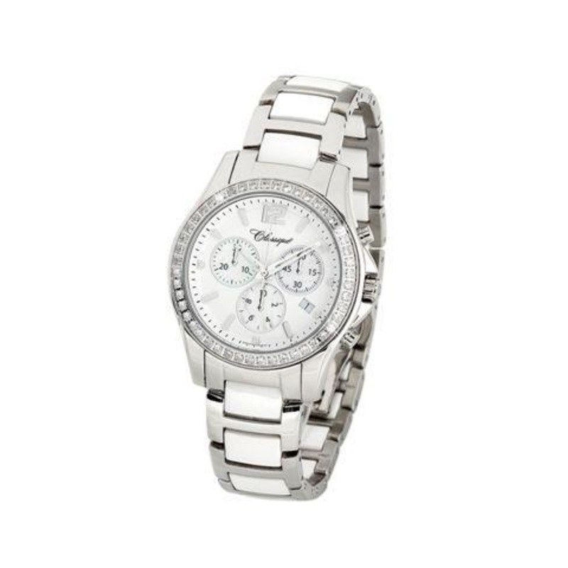 Unisex Steel Wht/Ceramic CZ Chronograph Swiss Qtz