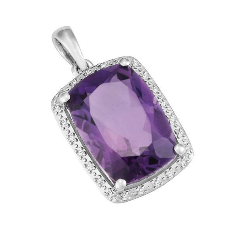 9ct White Gold Cushion Amethyst and  Round Brilliant-cut Diamond Pendant