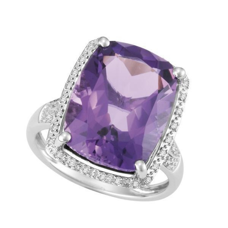 9ct White Gold Cushion Amethyst and  Round Brilliant-cut Diamond Ring