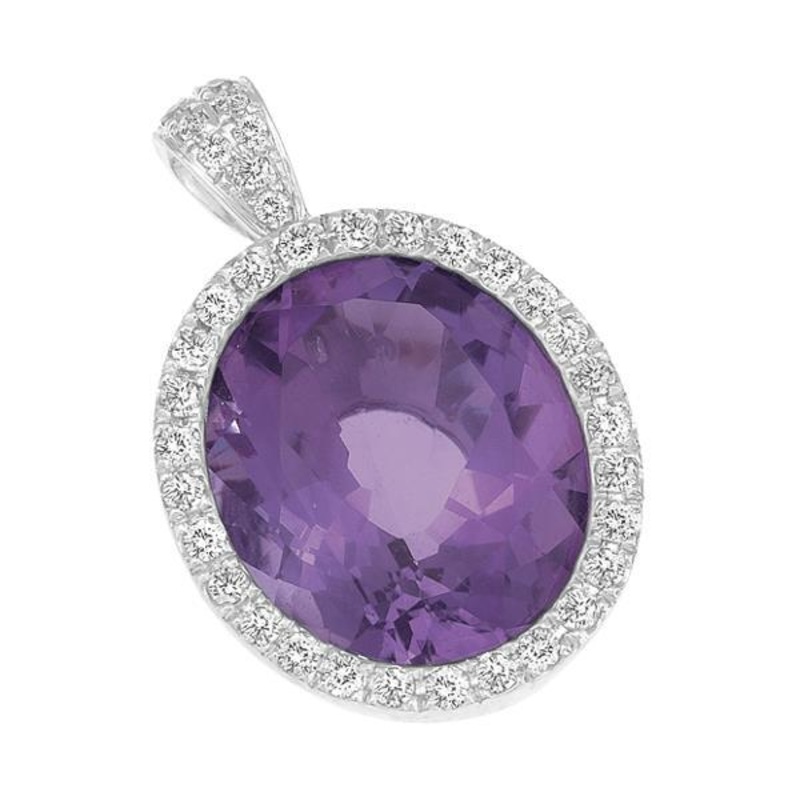 9ct White Gold Oval Amethyst and  Round Brilliant-cut Diamond Pendant