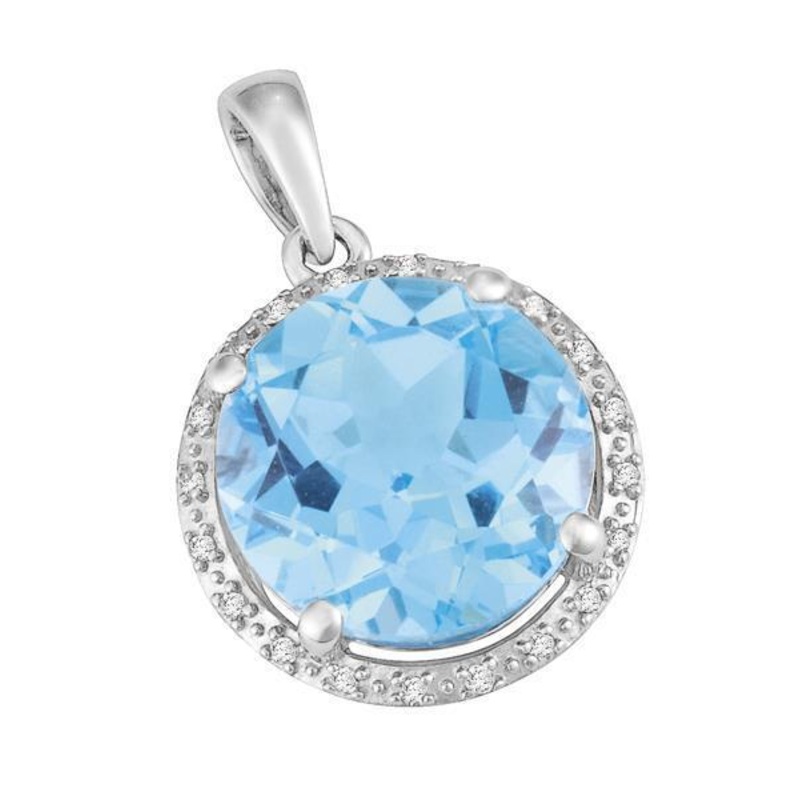 9ct White Gold Round Blue Topaz and  Round Brilliant-cut Diamond Pendant