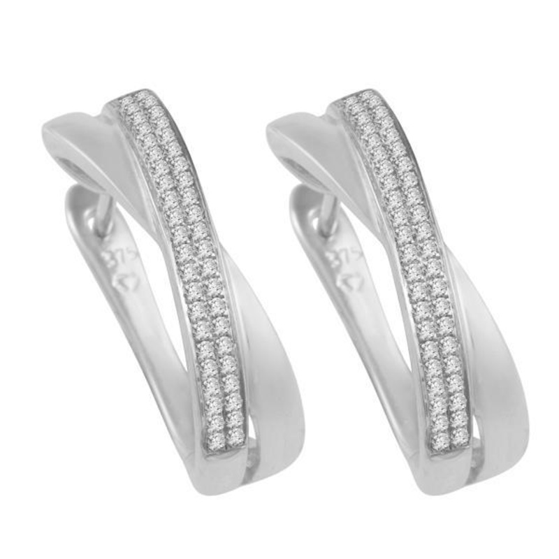 9ct White Gold Round Brilliant-cut Diamond Micro Pave Cross Over Huggies