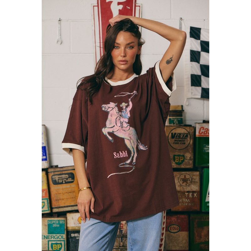 THE VERY OVERSIZED YEEHAW TEE- CHOCOLATE WITH WHITE TRIM XS