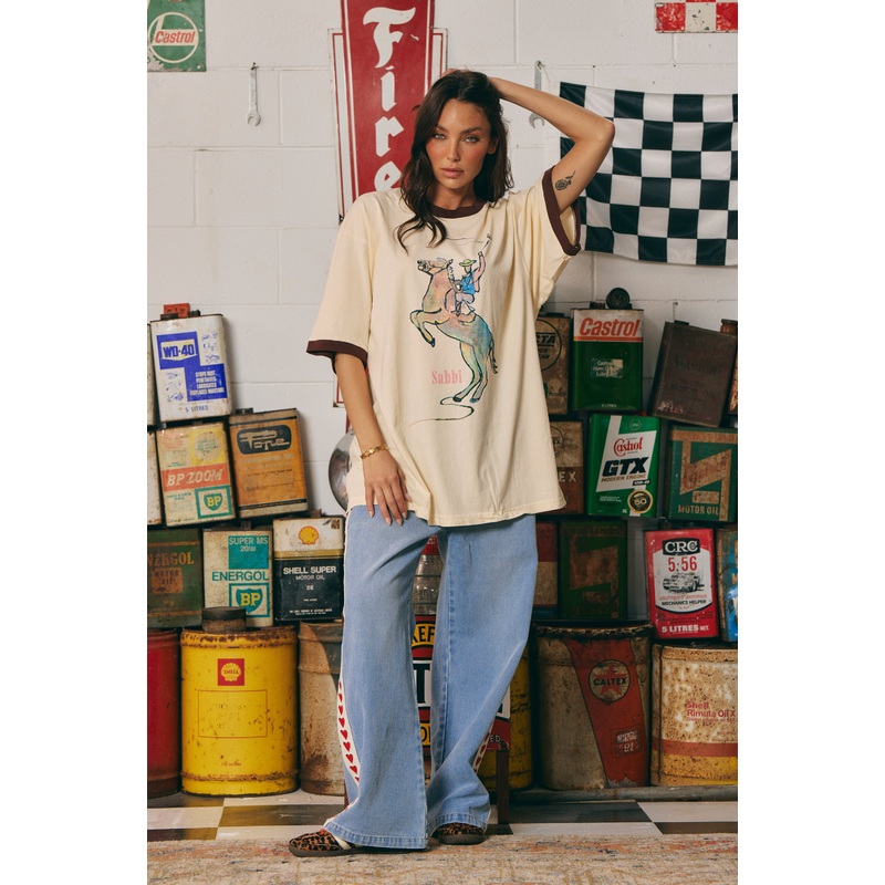 THE VERY OVERSIZED YEEHAW TEE- CREAM WITH CHOCOLATE TRIM XS