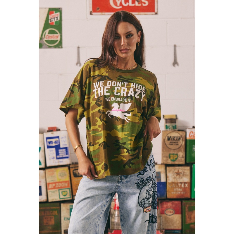 WE DON’T HIDE THE CRAZY REGULAR FIT TEE – CAMO XXS