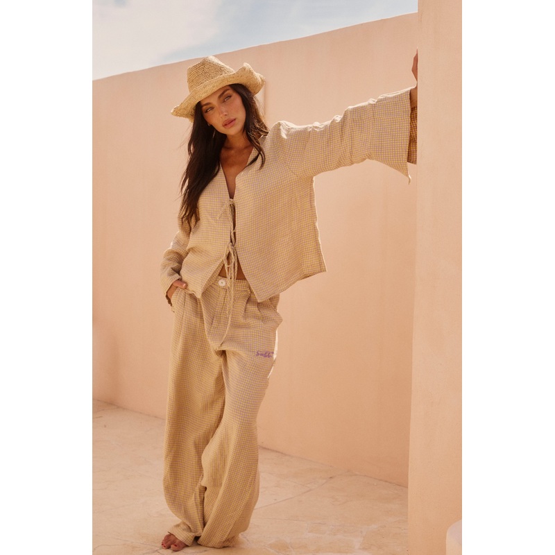 GINGHAM TIE UP SHIRT – CHARTREUSE & PURPLE XXS