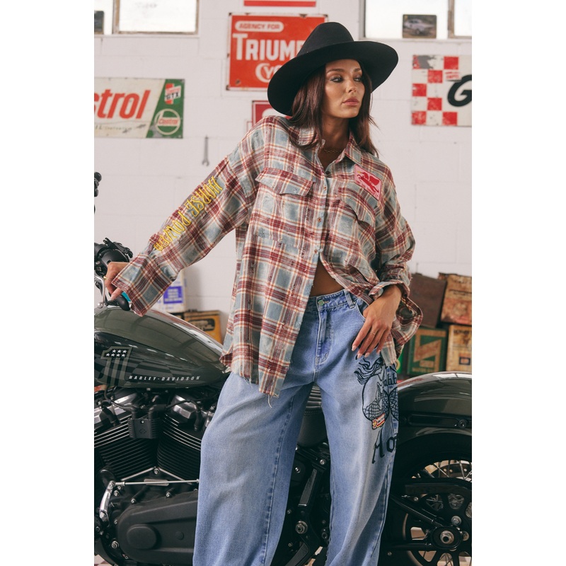 THE HORSE POWER DISTRESSED FLANNEL SHIRT – BURGUNDY XS