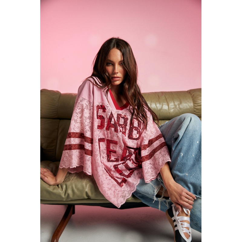 THE LACE VARSITY JERSEY- PINK XXS