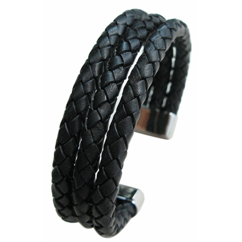 Cudworth Black Plaited Triple Layered Leather Cuff