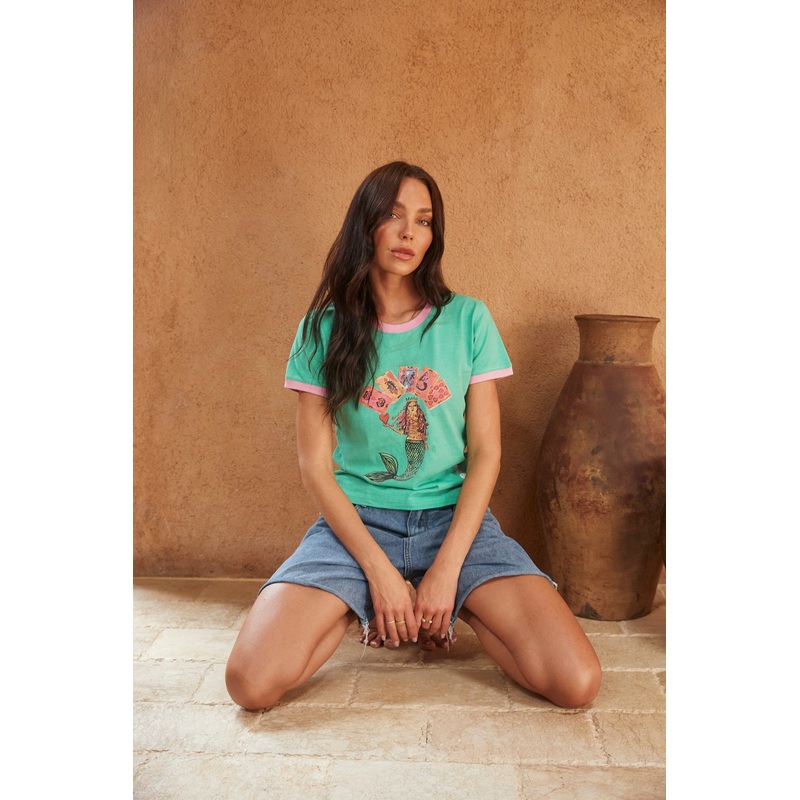 THE LUCKY MERMAID BABY DOLL FITTED TEE- GREEN XS