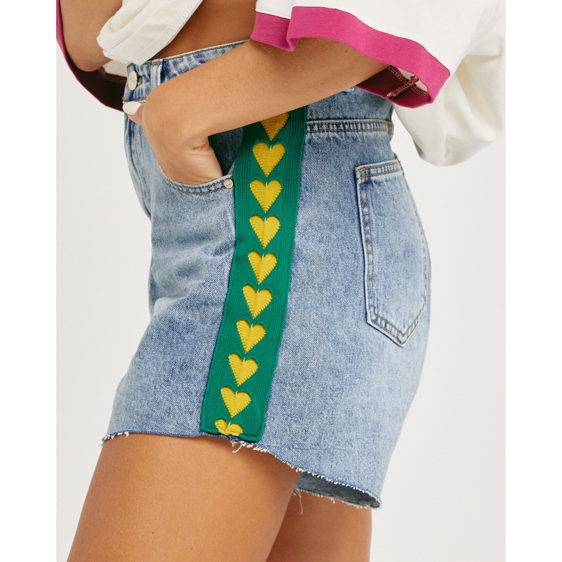 THE RAVING HEARTS DENIM SHORTS – GREEN/YELLOW XS