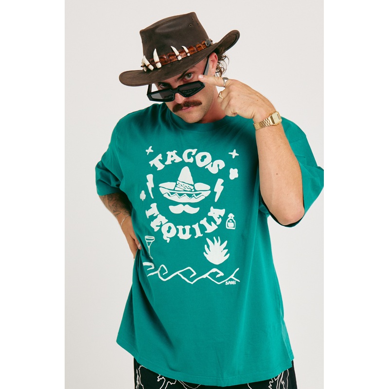 THE VERY OVERSIZED TACOS AND TEQUILA TEE – TEAL XXS