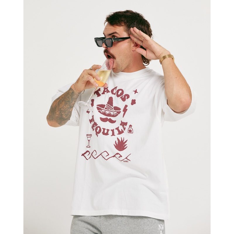 THE VERY OVERSIZED TACOS & TEQUILA TEE – WHITE & MAROON XXS