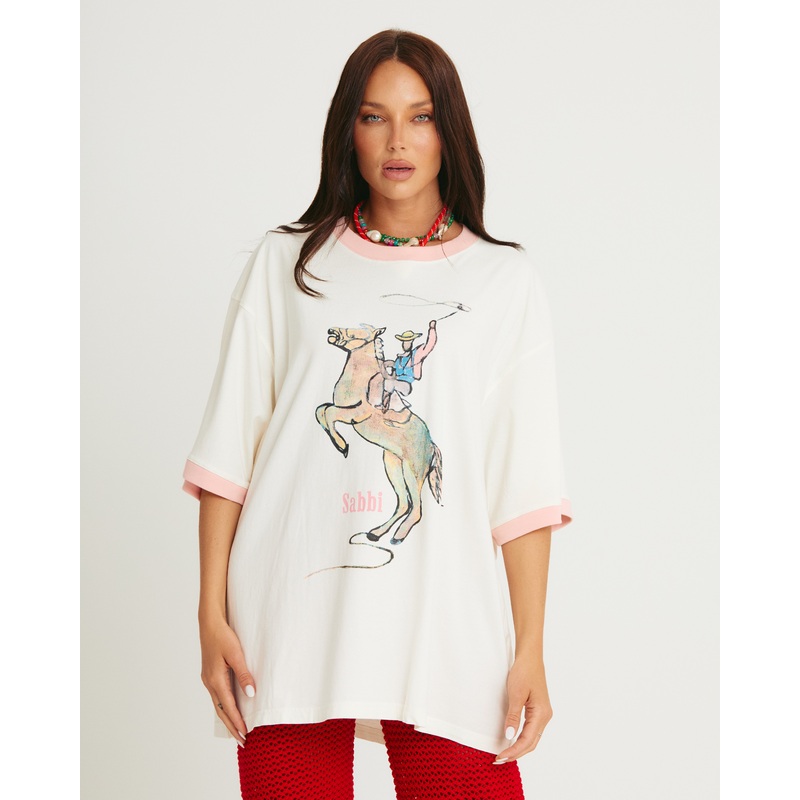 THE VERY OVERSIZED YEEHAW TEE – CREAM /PINK TRIM XXS