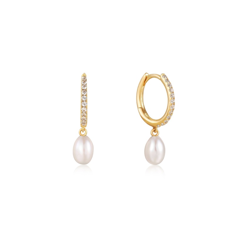 Ania Haie 14ct Gold Pearl Drop and White Sapphire Huggie Hoop Earrings